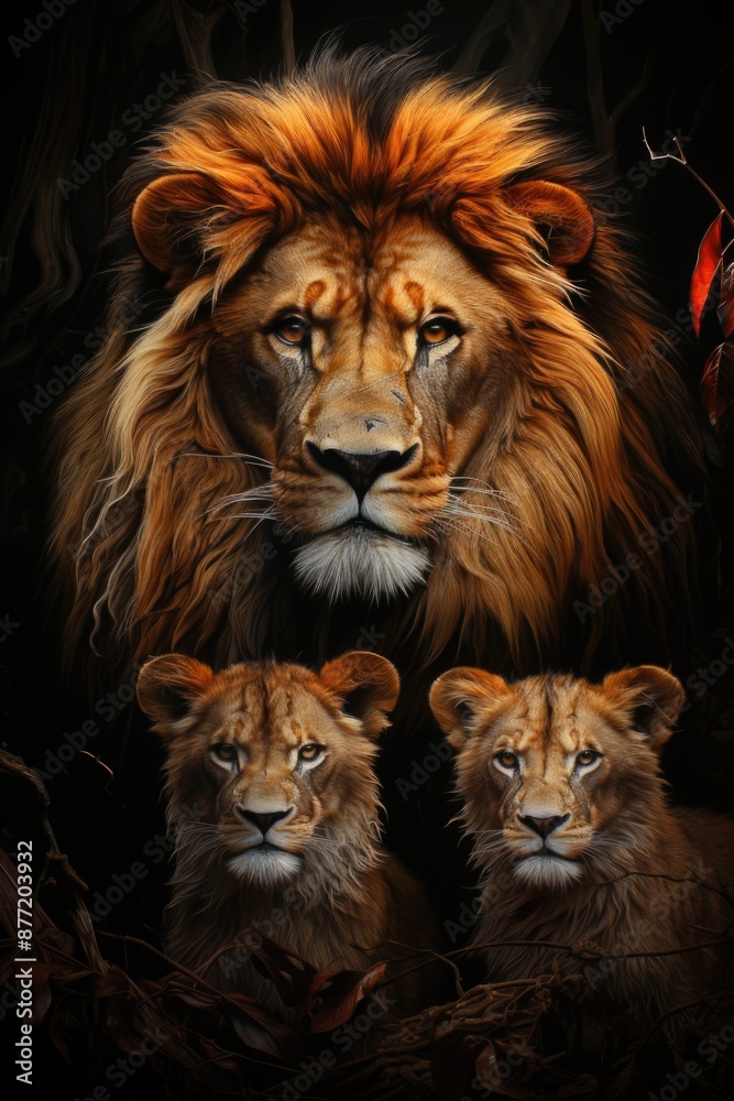 Fototapeta premium Lions Farher and Two Cubs Portrait in dark background there Generative, generative IA