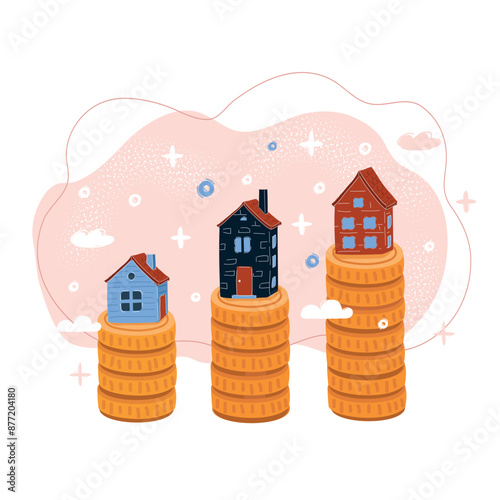 Cartoon vector illustration of Mortgage concept. Three house on stack of gold coins.