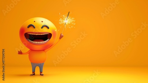 An excited emoji cartoon character with a sparkler, waving goodbye with a big grin on a bright yellow solid background