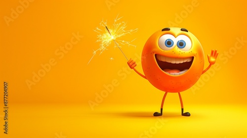 An excited emoji cartoon character with a sparkler, waving goodbye with a big grin on a bright yellow solid background