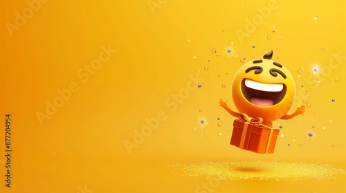 An excited emoji cartoon character with a gift box, saying goodbye with sparkles around it on a bright yellow solid background