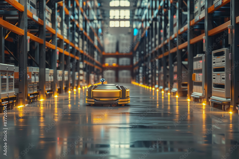 Obraz premium Robotic warehouse, stock and good delivery, merchandise and package retail shelf