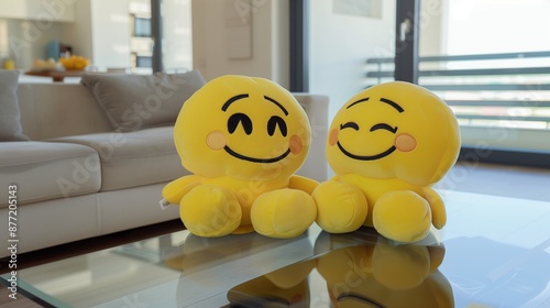 Two yellow emoji plush toys with winking expressions sitting on a sleek, modern glass coffee table in a minimalist living room