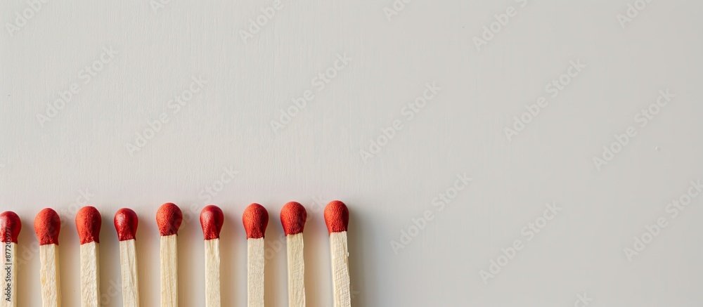 A row of matches on a white surface with copy space image available A row of matches on a white surface with copy space image available