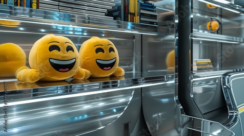 Two yellow emoji plush toys with laughing faces perched on a futuristic, chrome-plated bookshelf in an avant-garde studio apartment