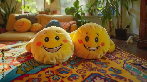 Two yellow emoji plush toys with playful faces lying on a vibrant, patterned rug in a cozy, bohemian living room