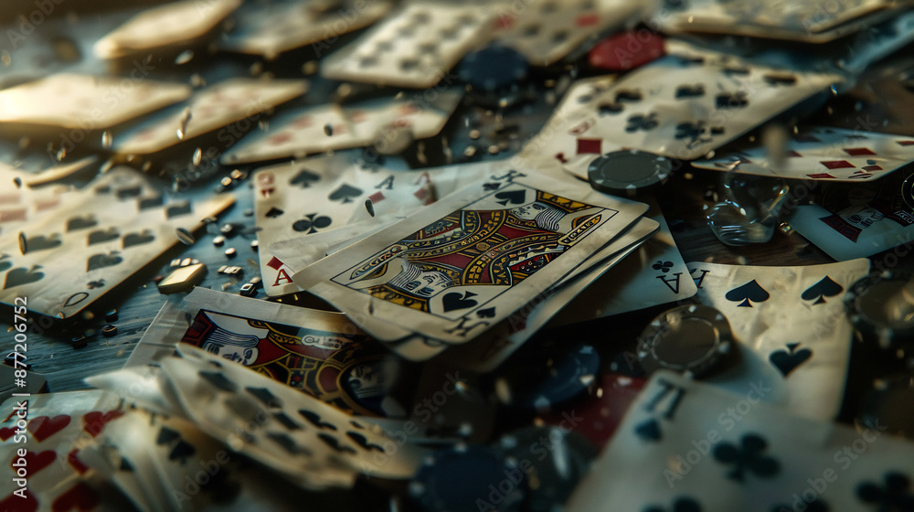 Scattered Playing Cards on a Table Representing Chance and Chaos Scattered Playing Cards on a Table Representing Chance and Chaos