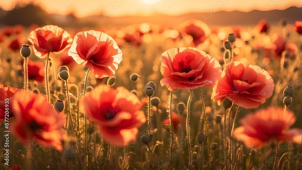 An exquisite abstract scene of a field full of red poppies glowing in the golden light of the setting sun, making for a captivating backdrop or wallpaper An exquisite abstract scene of a field full of red poppies glowing in the golden light of the setting sun, making for a captivating backdrop or wallpaper