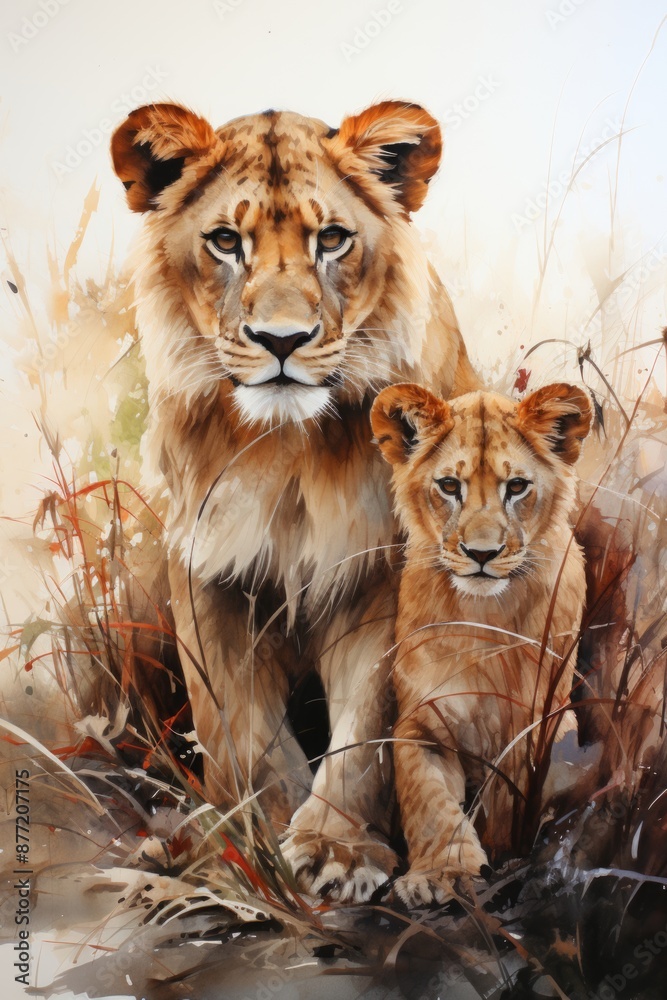 A watercolor painting of two lions in the grass., generative IA A watercolor painting of two lions in the grass., generative IA