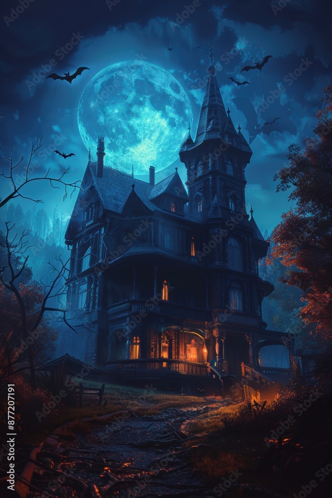 A large, creepy house with a large moon in the background. The house is surrounded by trees and there are bats flying around. Scene is eerie and spooky A large, creepy house with a large moon in the background. The house is surrounded by trees and there are bats flying around. Scene is eerie and spooky