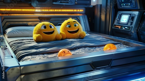 Two yellow emoji plush toys with cool expressions lying on a futuristic, metallic bed in a high-tech bedroom