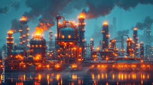 An illustration of a sprawling industrial complex lit up against the evening sky, with towering structures and smokestacks emitting plumes of smoke © asayenka
