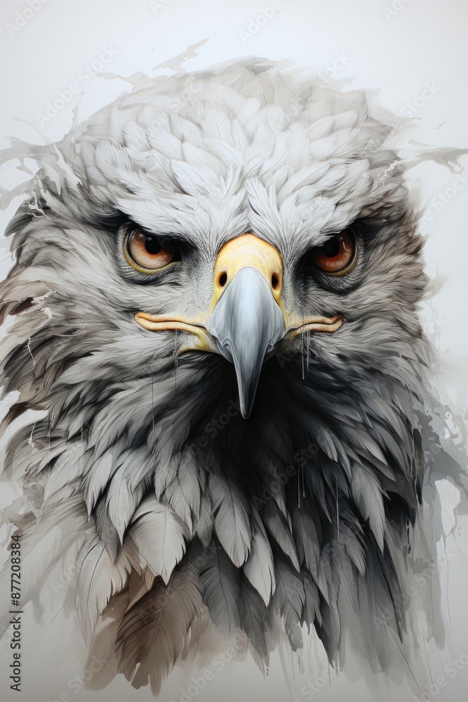 A black and white drawing of an eagle with a large eye and a big feather., generative IA A black and white drawing of an eagle with a large eye and a big feather., generative IA