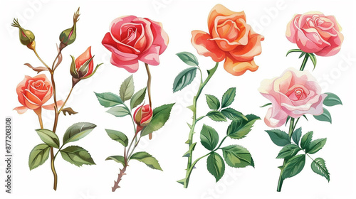 Summer set of beautiful flowers. Roses, buds and leaves. © sumaira