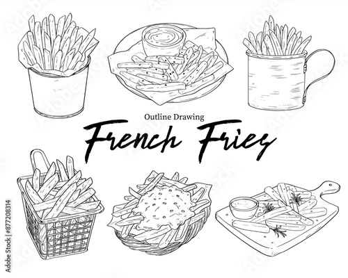 Collection of Fast Food French Fries Outline Drawing Vector Illustration