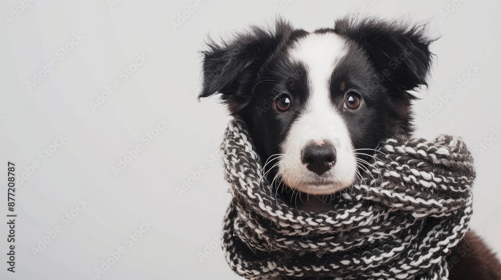 Fototapeta premium Adorable border collie puppy wearing scarf in studio portrait on white background Seasonal dog photo with space for text