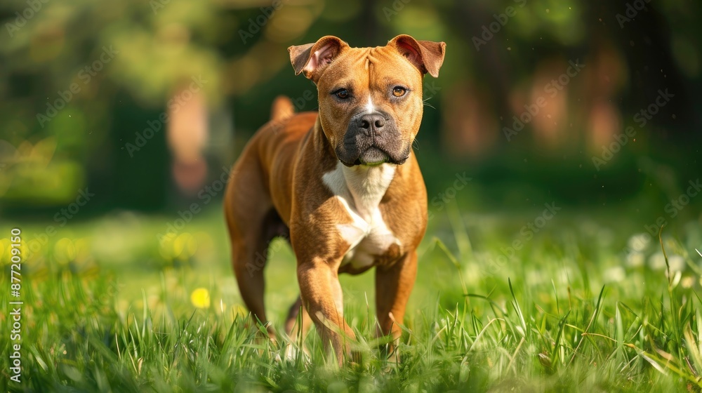 American staffordshire terrier tiger with uncropped ears strolls outside during summer American staffordshire terrier tiger with uncropped ears strolls outside during summer