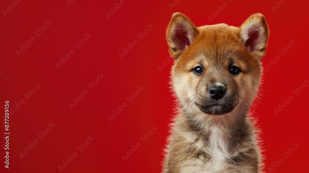 Adorable Akita Inu puppy against red backdrop with room for text Young creature Adorable Akita Inu puppy against red backdrop with room for text Young creature