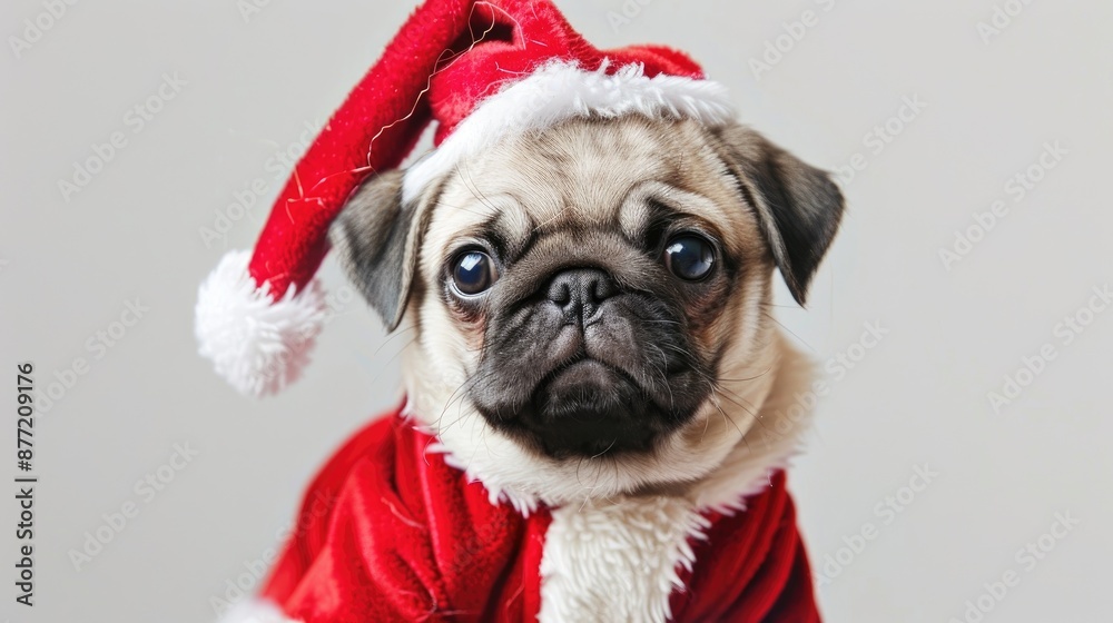 Adorable pug puppy in Santa outfit on white background Adorable pug puppy in Santa outfit on white background