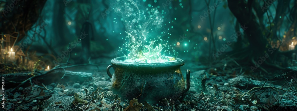 A large, glowing cauldron sits on the ground in a forest. The image has a mystical and magical feel to it, with the glowing cauldron and the surrounding forest creating an atmosphere of wonder A large, glowing cauldron sits on the ground in a forest. The image has a mystical and magical feel to it, with the glowing cauldron and the surrounding forest creating an atmosphere of wonder