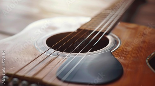 Acoustic guitar close up with selective focus on string tensioning on white background