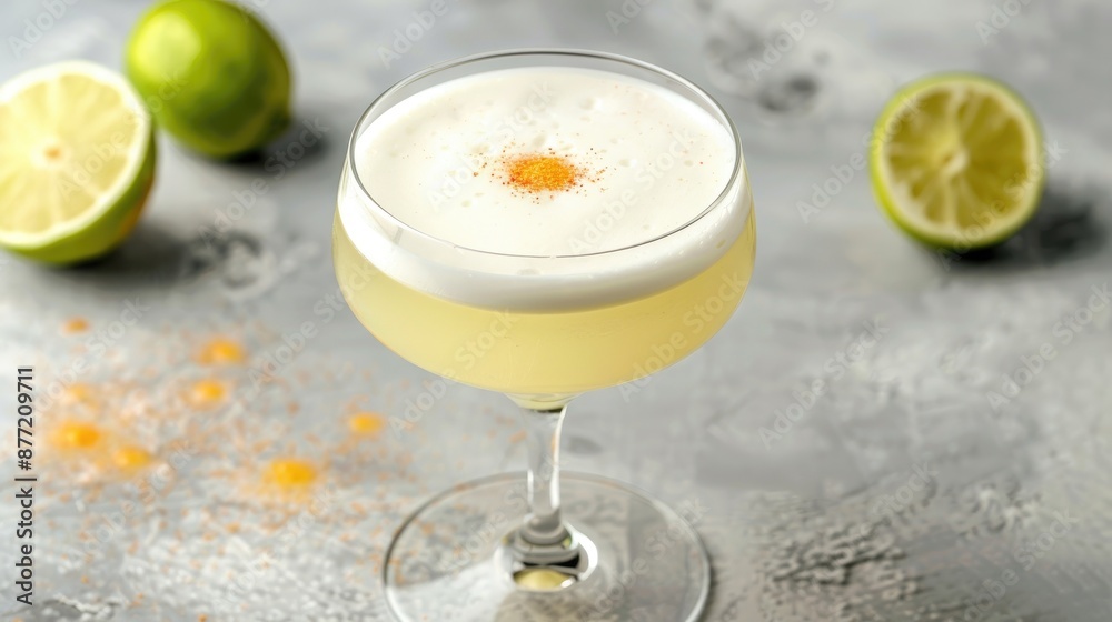 Advertising photo of homemade Pisco Sour cocktail in coupe glass on gray background Advertising photo of homemade Pisco Sour cocktail in coupe glass on gray background