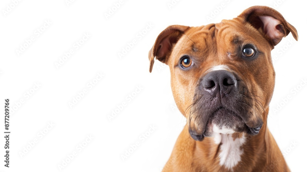 American Staffordshire Terrier Tiger indoors against white backdrop American Staffordshire Terrier Tiger indoors against white backdrop
