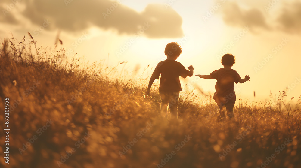Brothers Playing Freely in a Meadow at Sunset, Enjoying the Nature that Surrounds them. World Brother's Day - World Nature Protection Day Brothers Playing Freely in a Meadow at Sunset, Enjoying the Nature that Surrounds them. World Brother's Day - World Nature Protection Day