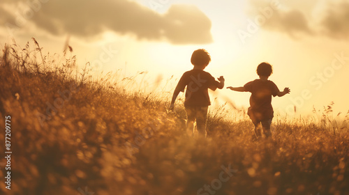 Brothers Playing Freely in a Meadow at Sunset, Enjoying the Nature that Surrounds them. World Brother's Day - World Nature Protection Day