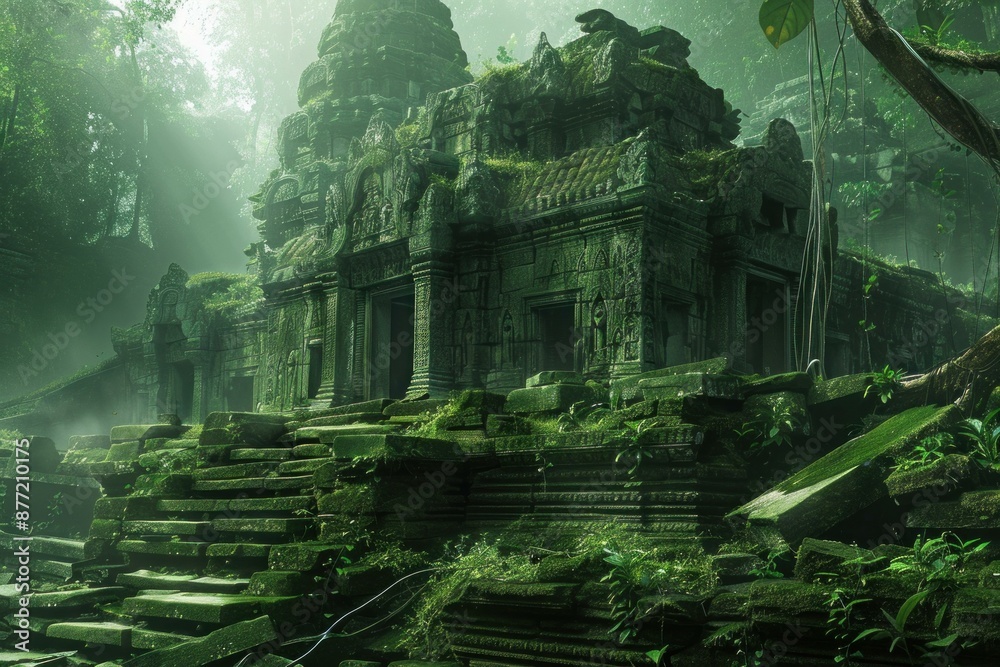 Mesmerizing image of a mosscovered ancient temple shrouded in mist amidst a lush green forest Mesmerizing image of a mosscovered ancient temple shrouded in mist amidst a lush green forest