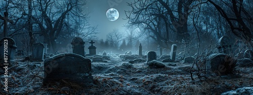 A graveyard with a large moon in the sky. The moon is shining on the gravestones, creating a spooky atmosphere