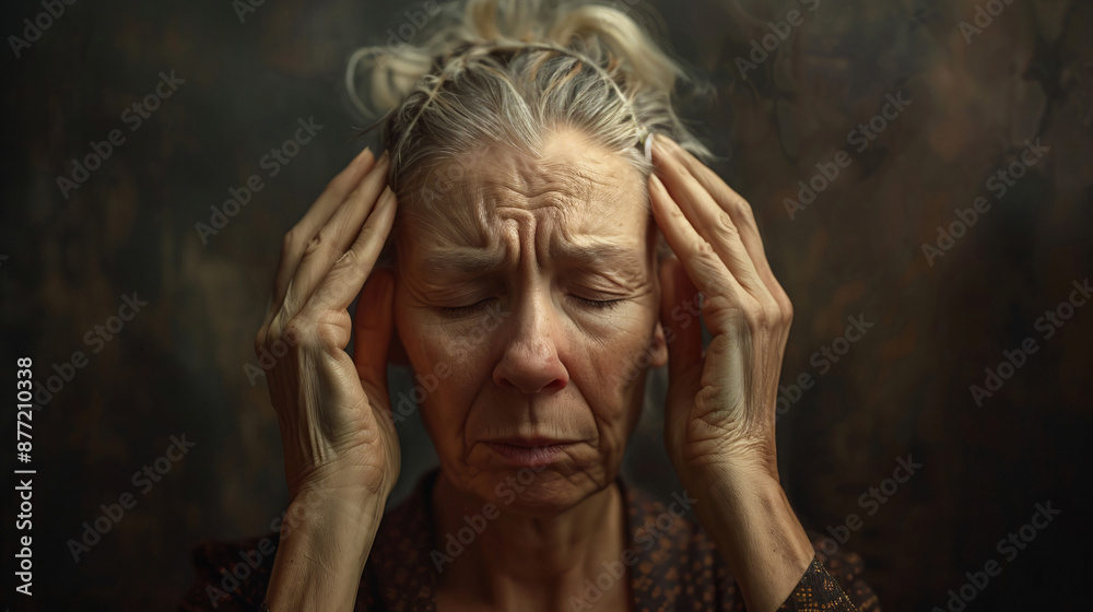 A senior woman holds her head in her hands, a picture of pain and worry Her furrowed brow indicates distress or headache A senior woman holds her head in her hands, a picture of pain and worry Her furrowed brow indicates distress or headache