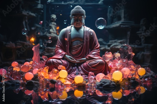 Title 'Luminous Buddha Spiritual illumination shines in the neon night', generative IA