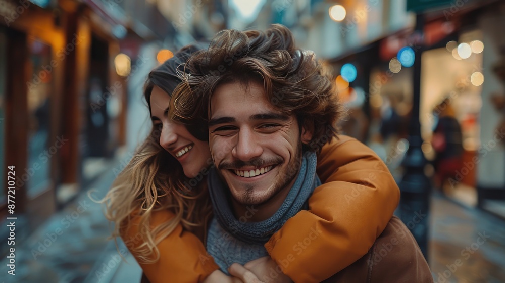 Couple Hugging and Smiling in the City Couple Hugging and Smiling in the City