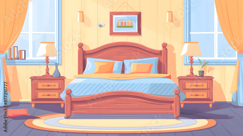 A bedroom with a large bed, nightstands, and a dresser