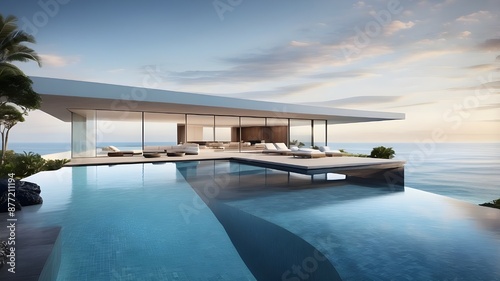 A contemporary home with an infinity pool and a view of the ocean conjures up an ethereal vision of luxury that might become a best-selling backdrop or wallpaper. © Shehzad
