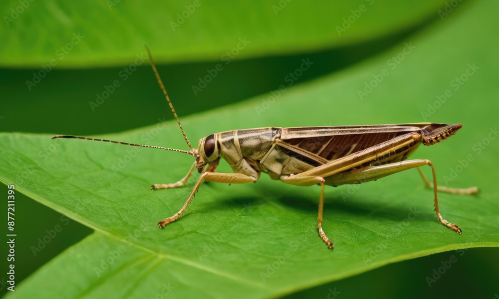 Detailed close-up photograph of a grasshopper perched on a vibrant green leaf, showcasing the intricate patterns of its body and the harmonious interaction with the natural environment. Detailed close-up photograph of a grasshopper perched on a vibrant green leaf, showcasing the intricate patterns of its body and the harmonious interaction with the natural environment.