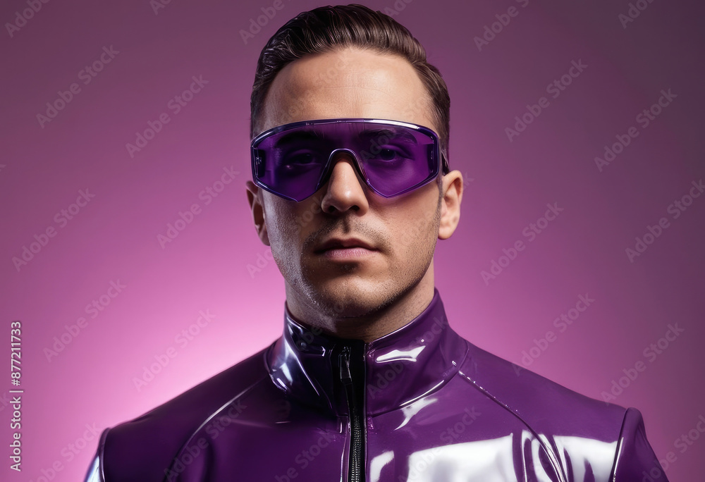A man is depicted in a futuristic setting wearing a purple outfit and matching glasses, exuding a modern, high-tech vibe with a striking purple background. A man is depicted in a futuristic setting wearing a purple outfit and matching glasses, exuding a modern, high-tech vibe with a striking purple background.