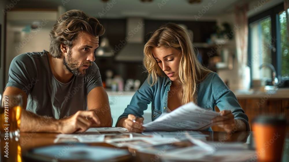 Fototapeta premium Couple Looking Over Paperwork with Concerned Expressions