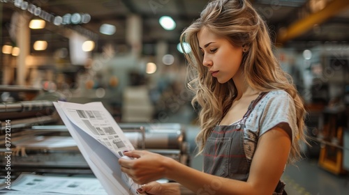 Young Woman Inspecting Printing Press Output