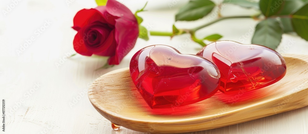 Two heart shaped jellies on a wooden spoon with a rose displayed on a white background with copy space image