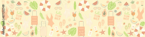 Summer colorful background with icons of fruits, swimsuits, sunglasses, spf. Beach theme banner. Vector illustration in pastel colors