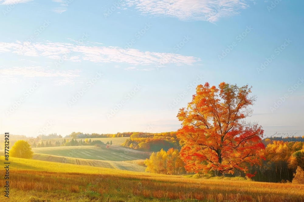 A beautiful autumn landscape with a single vibrant tree in a colorful field under a clear sky, capturing the essence of fall scenery. A beautiful autumn landscape with a single vibrant tree in a colorful field under a clear sky, capturing the essence of fall scenery.