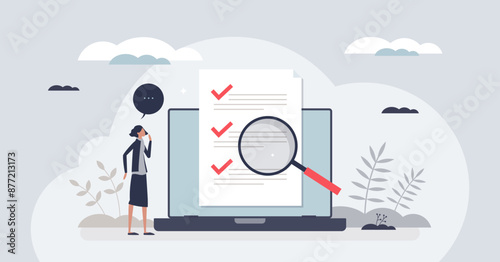 Survey with feedback or review document for customers tiny person concept. Business quality report with check list vector illustration. Questionnaire with questions, answers and space for comments.