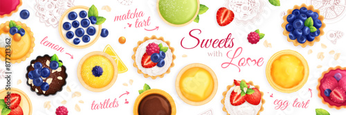 Promo horizonral flyer for dessert, different tartlets (tarts, open pastry pies) or cake with fresh berries. Top view.
Vector illustration for banner, flyer, cover, advertising, menu, poster