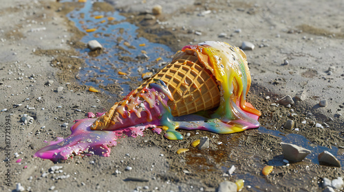 Melted Ice Cream Cone on the Ground Representing Disappointment and Transience