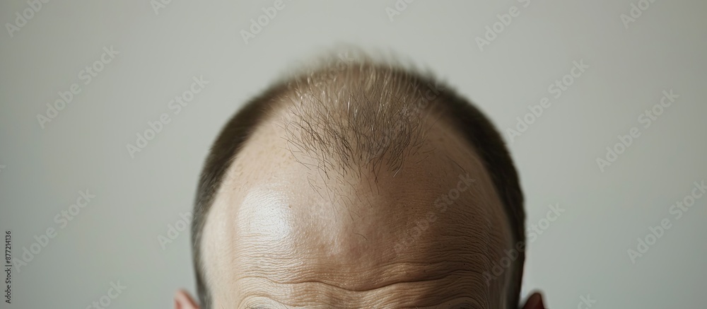 Male pattern baldness close up typically starting at the hairline or crown can lead to total hair loss featuring white copy space image Male pattern baldness close up typically starting at the hairline or crown can lead to total hair loss featuring white copy space image
