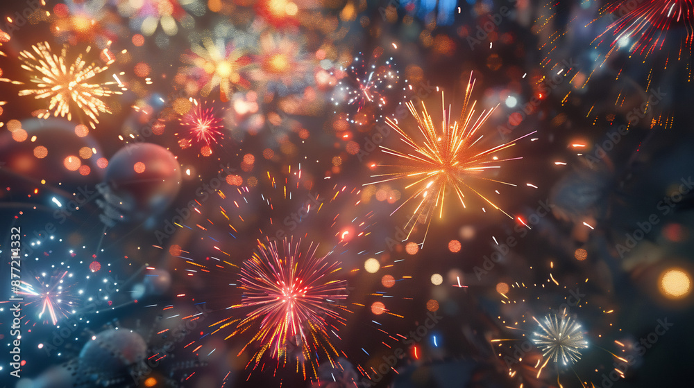 Fototapeta premium Colorful Fireworks Exploding in the Night Sky Representing Celebration and Human Spirit
