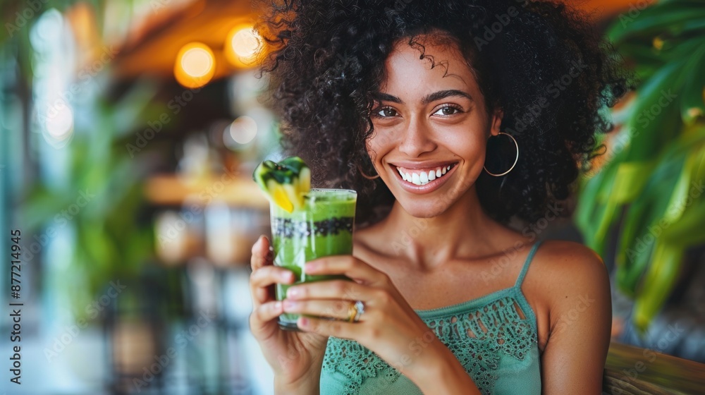 Smiling Woman with a Green Smoothie in a Cafe Smiling Woman with a Green Smoothie in a Cafe