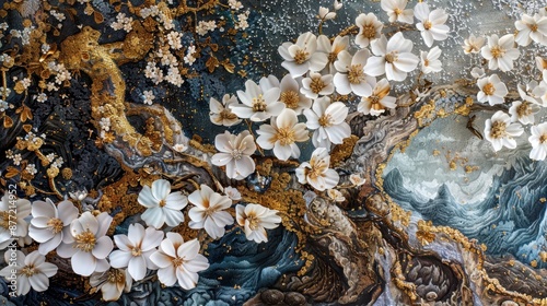 Detailed and ornate depiction of a tree with blossoming white flowers, set against a background that resembles a night sky with stars and a mountain range